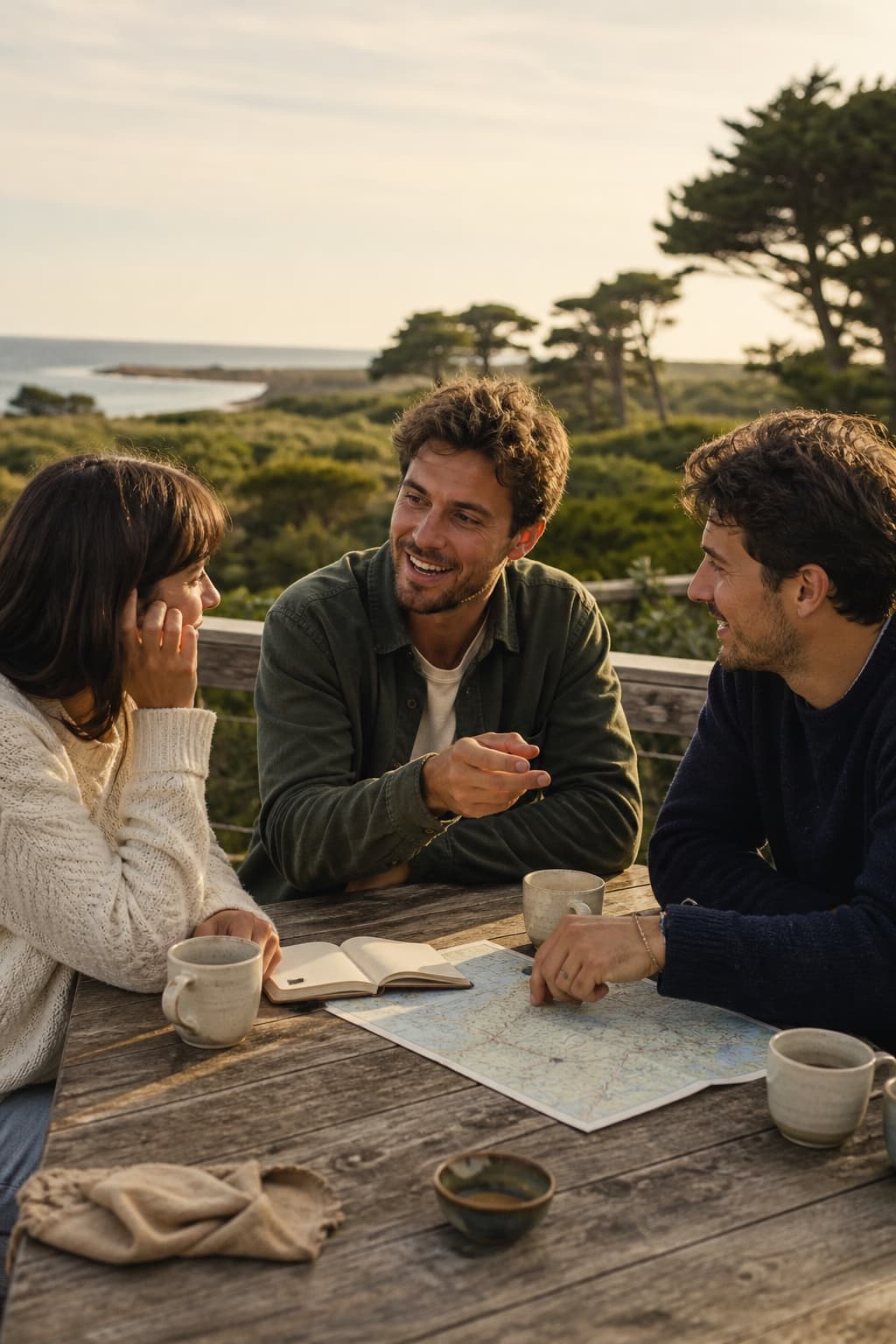 Three friends talking over a map as they plan an outing